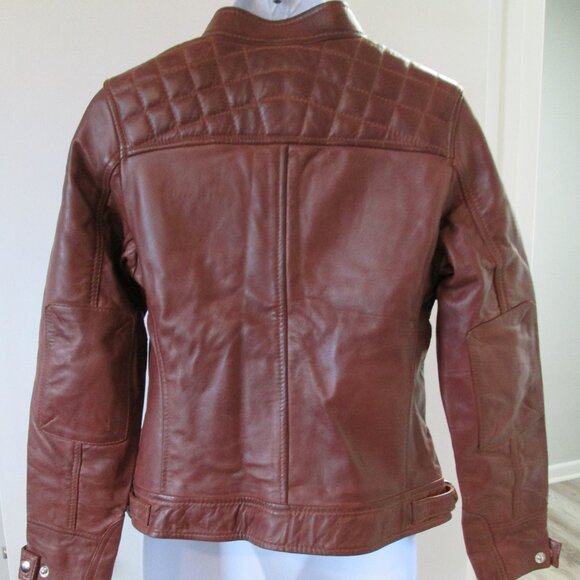 Cognac Leather Biker Style Jacket - Quilted Shoulder Sz S - Picture 10 of 12